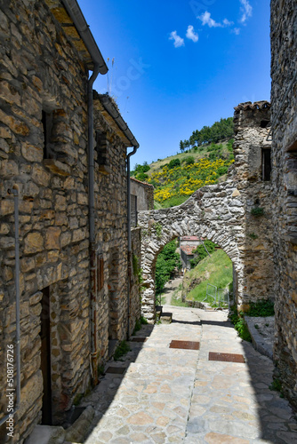 A narrow street between the old houses of Sasso di Castalda  a village in the mountains of Basilicata  Italy.