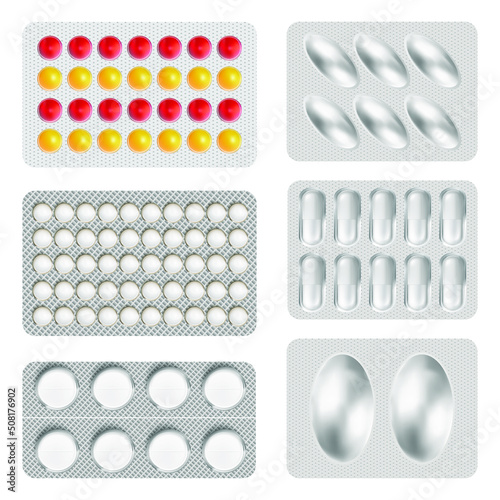 3d packaging for drugs: painkillers, antibiotics, vitamins and aspirin tablets. Set of white blisters realistic icons with pills and capsules. illustrations of pack isolated on background
