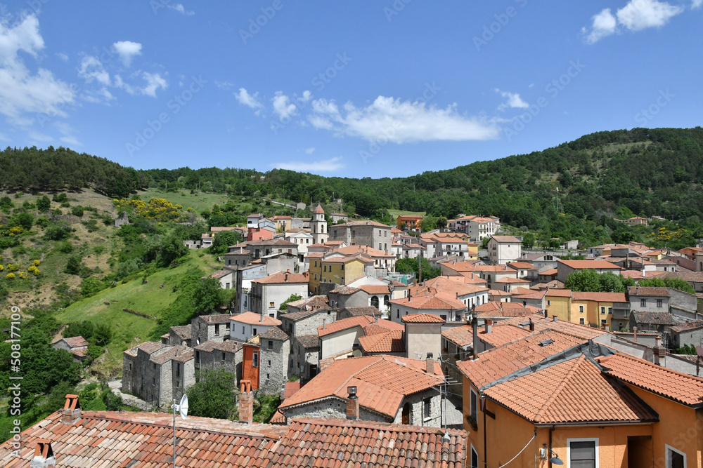The landscape around Sasso di Castalda, a village in the mountains of Basilicata, Italy.