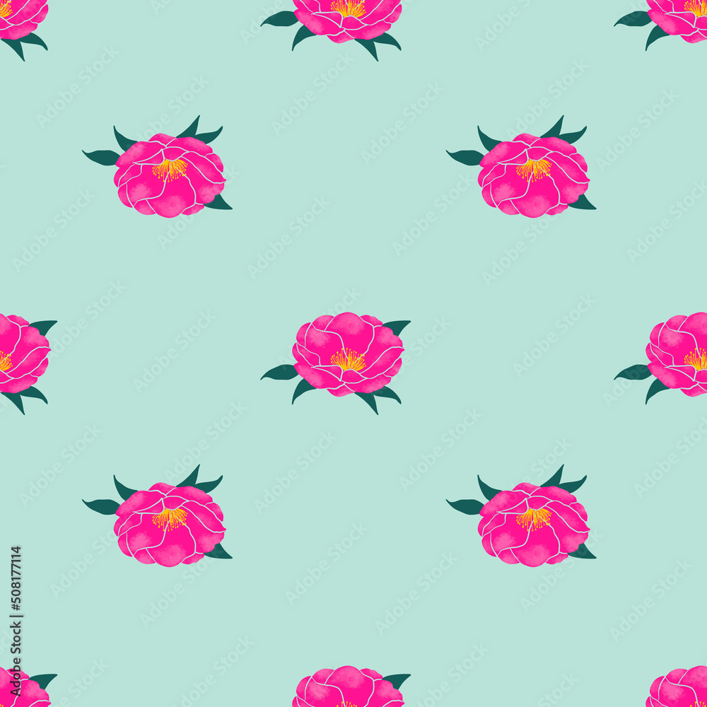 Camellia flower seamless pattern design on pastel green