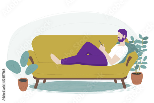 Faceless young man with purple hair is comfortably sitting on a couch and holding a smartphone. Remote work, online education or evening relax concept. Cartoon style vector illustration.