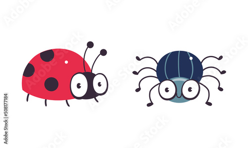 Fotografiet Cute Crawling Ladybug with Small Black Spot and Beetle as Garden Bug Vector Set