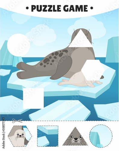 Educational game for kids.  The study of geometric shapes. Puzzles for preschoolers. Vector illustration of a cute seal on an ice floe in the arctic.
