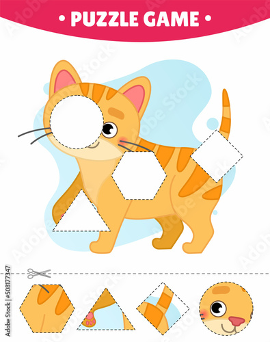 Educational game for kids.  The study of geometric shapes. Puzzles for preschoolers.  Vector illustration of cartoon cute kitten.