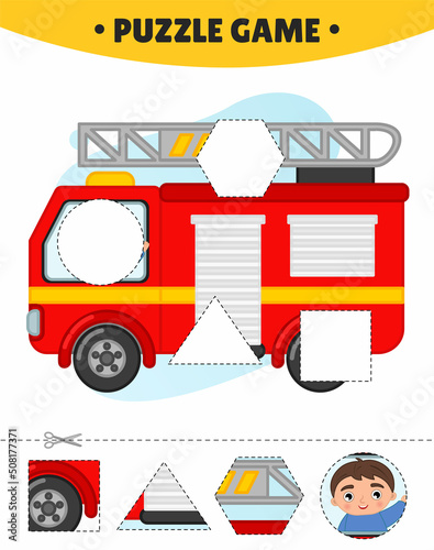 Educational game for kids.  The study of geometric shapes. Puzzles for preschoolers.  Vector illustration of cartoon fire truck.
