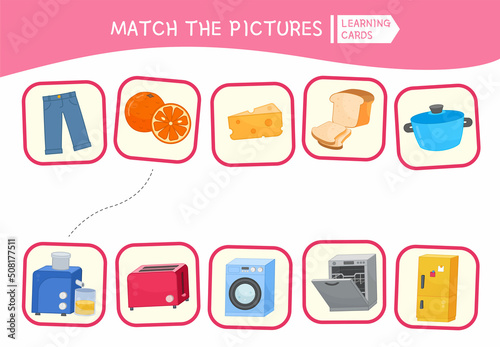 Matching children educational game. Match objects and household appliances. Activity for pre sсhool years kids and toddlers.