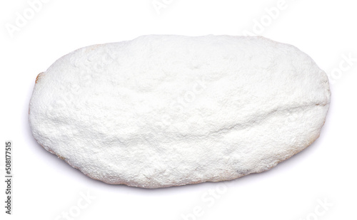 Traditional Christmas stollen cake with marzipan and dried fruit isolated on white background