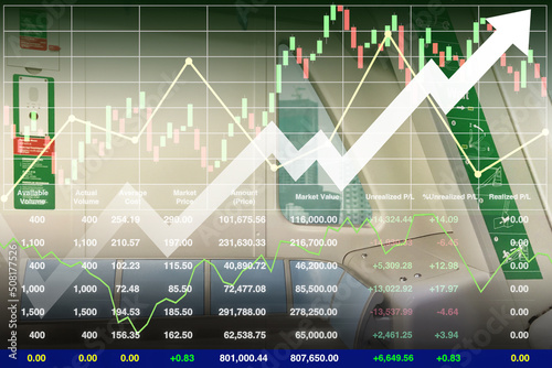 Stock financial index  show growth investment on transportation industry with graph, chart and candlesticks on interior of skytrain for business presentation and report background.