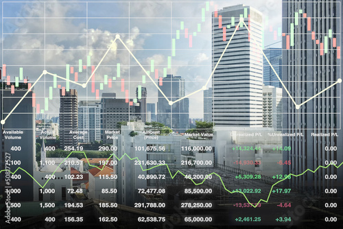 Stock financial index show successful investment on property business and construction industry urban buildings  image with graph and chart for presentation and report background.