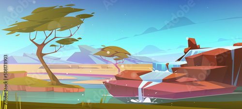 African savannah with river, waterfall, acacia trees and mountains on horizon. Vector cartoon illustration of savanna landscape with green grass, water stream falling from stones in evening