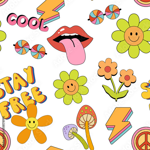 Psychedelic trippy seamless pattern. Mushroom, lips and smiling daisy, Vector cartoon endless design. Hippie background