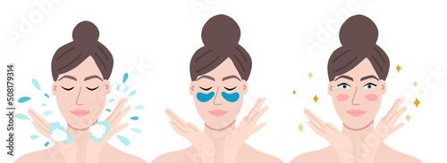 beatiful woman washing her face, applying eye patches and looking great