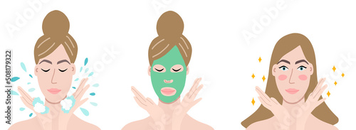 beautiful woman washing her face, applying face mask and looking great