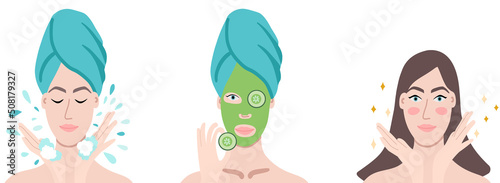 beautiful woman washing her face, applying face mask with cucumber slice and looking great