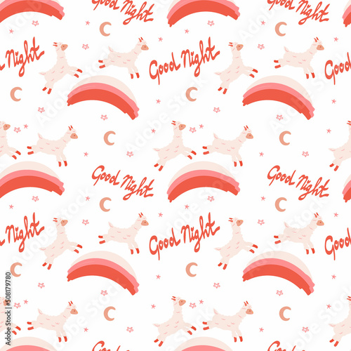 Seamless pattern with llamas, drawn element in cartoon style. Animals jumping on a rainbow against a white background. The lettering is handwritten. Stars, llamas and rainbow.