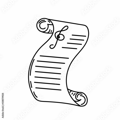 Paper rolled up with a treble clef, hand-drawn sketch style doodle. Monochrome palette. Vector simple illustration.