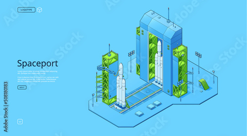 Spaceport isometric set with rocket on cosmodrome with hangar and launchpad. Vector horizontal banner with axonometric illustration of autonomous spaceship or shuttle