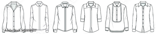 flat sketch set of womens long sleeve shirts vector illustration, apparel template cad mockup.