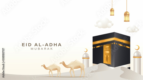 Eid al adha celebration banner concept with Kaaba and scene of mid east