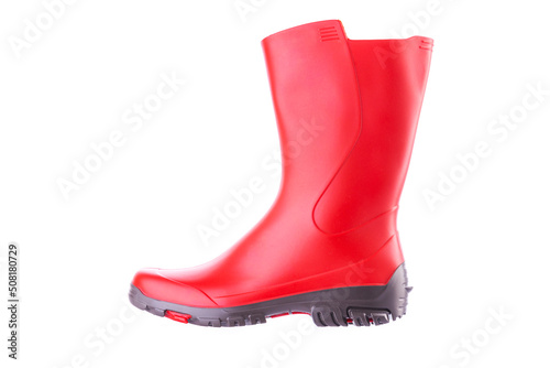 Red rubber boots isolated on white background. Outdoor shoes for trekking.