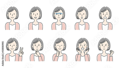 手描き風・いろいろな表情の女性のベクターイラストセット