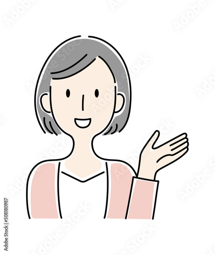 手描き風・笑顔で案内をする女性のベクターイラスト