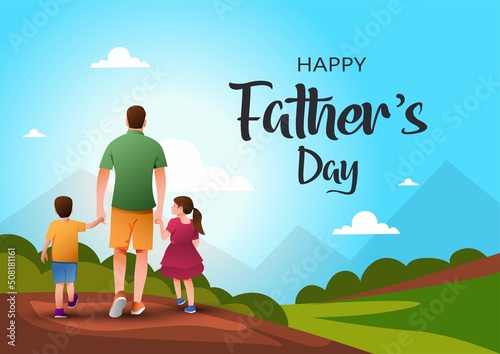 Happy father's day with dad and children walking back view. vector illustration design