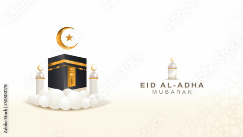 Kaaba and mosque minarets in the clouds banner concept for hajj celebration day or eid al adha