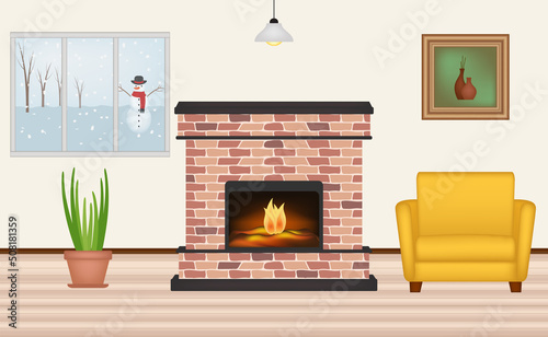 Room with fireplace, armchair, canvas painting, plants and snowman on the window in winter, vector illustration
