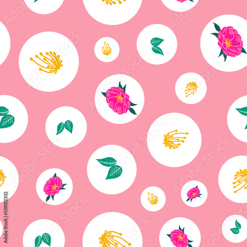 Camellia and bubbles vector repeat pattern design on pink