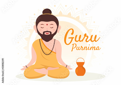 Happy Guru Purnima of Indian Festival to Spiritual and Academic Teachers in Flat Cartoon Flower Background Illustration