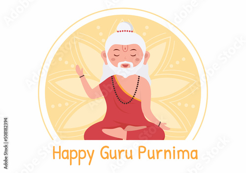 Happy Guru Purnima of Indian Festival to Spiritual and Academic Teachers in Flat Cartoon Flower Background Illustration