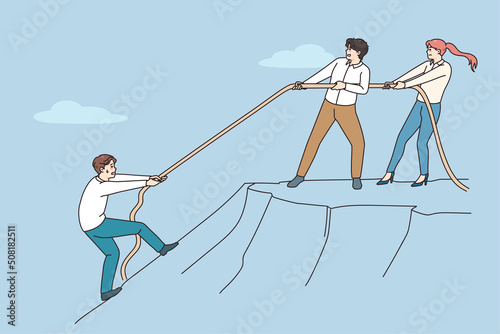 Diverse employees throw rope help colleague climb up hill. Coworkers help person showing support and unity. Concept of teamwork and collaboration at workplace. Vector illustration. 