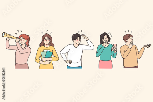 Diverse people with binoculars and spyglass feel confused looking for problem solution. Men and woman frustrated with dilemma, solving business trouble together. Vector illustration. 