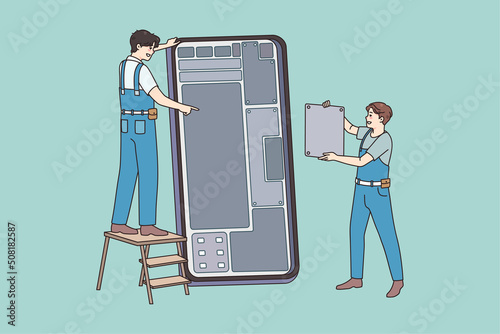 Engineers repair cellphone install software on modern device. Male employees fix broken smartphone. Good quality mobile service company. Flat vector illustration. 