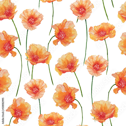 Seamless pattern of watercolor illustration of poppy flowers. Hand-drawn floral pattern for decoration of rooms  books  design of cover  card  fabric  textile  wrapping paper. 