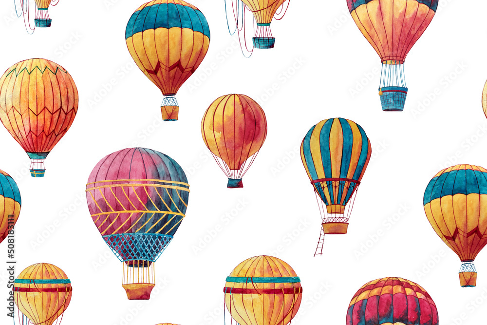 Fototapeta premium Seamless pattern with watercolor illustration of hot air balloons. Hand-drawn pattern for fabric, textile, wrapping paper, package, cover, card. Travel, road, adventure, journey concept. 