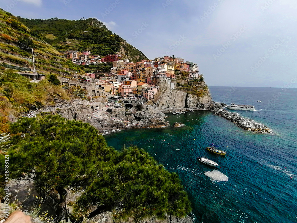 Italy Liguria La Spezia, the Cinque Terre Manarola panoramic view of the village overlooking the sea from the trekking route