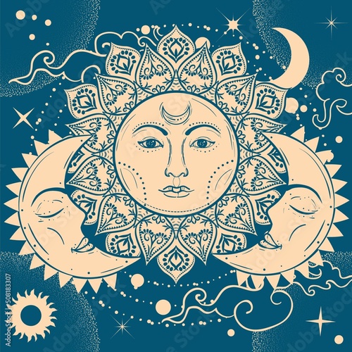 Sun eclipse concept. Vector illlustration of astronomy and astrology symbol. Vintage, Boho or gypsy style