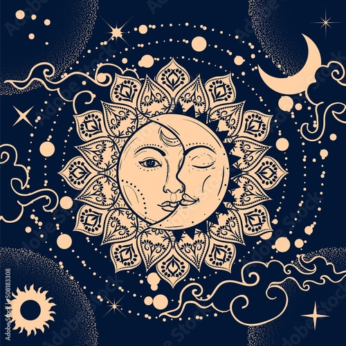 Sun eclipse concept. Vector illlustration of astronomy and astrology symbol. Vintage, Boho or gypsy style
