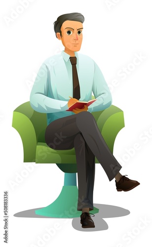 Man writes in notebook. Attentive student or psychologist listens. Journalist interviewing. Sits in chair. Cartoon style. Scene isolated on white background. Official or businessman. Vector