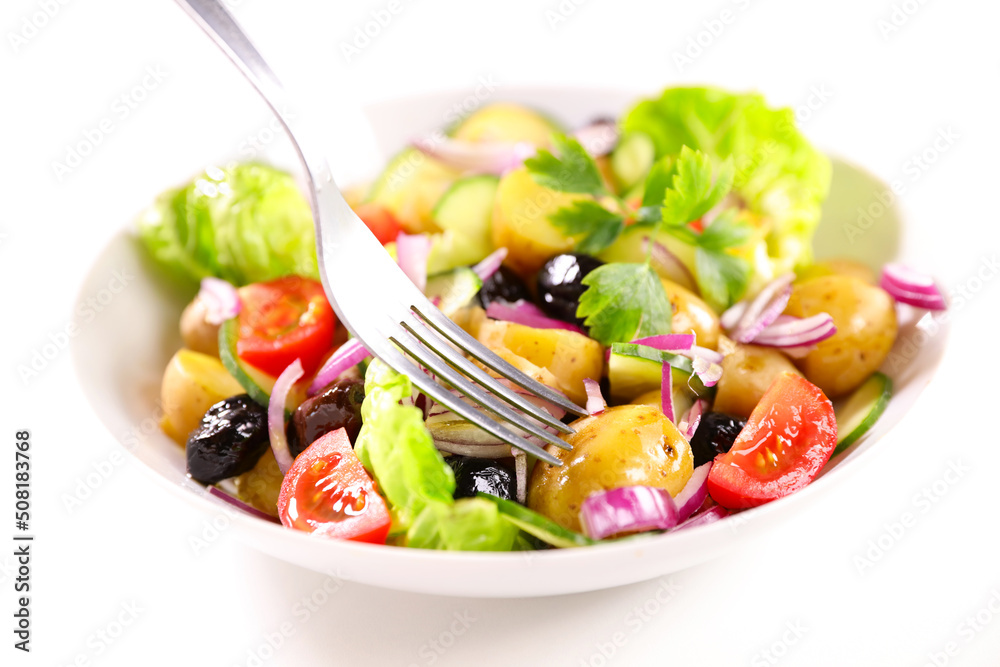 mixed potato salad on white background