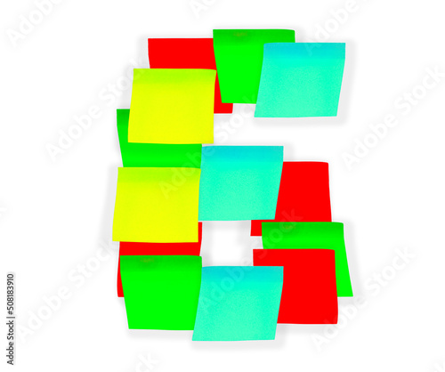 Digit 6 made of sticky stationery stickers