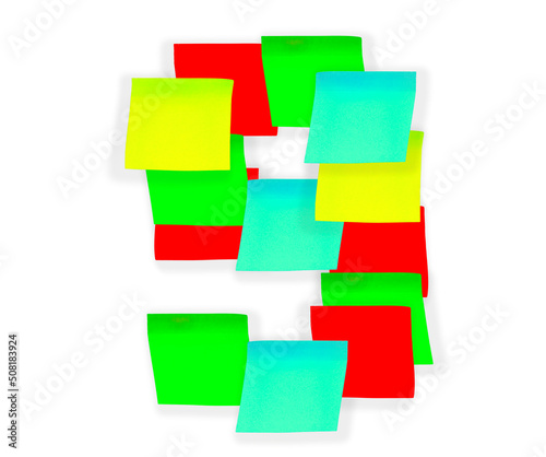 Digit 9 made of sticky stationery stickers