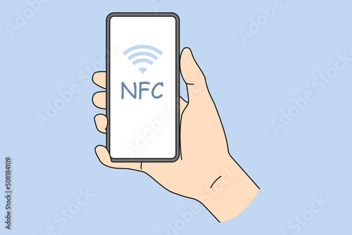 Person holding smartphone with NFC on screen. Near field communication technology on mobile phone. NFC payment with cellphone. Flat vector illustration. 