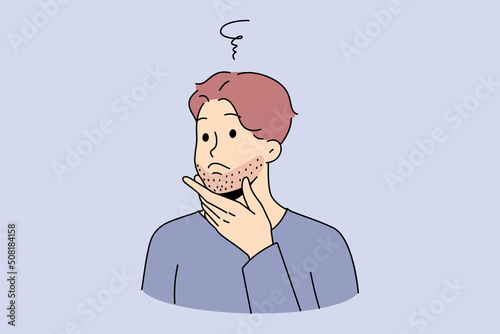 Young man touching beard think of shaving. Guy feel confused about bristle or face hair. Male hygiene and beauty care. Flat vector illustration. 