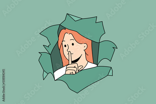 Young woman look through paper hole keep finger at lips ask for silence. Girl beg for being quiet and silent. Keep secret and not talk much. Censorship concept. Vector illustration. 