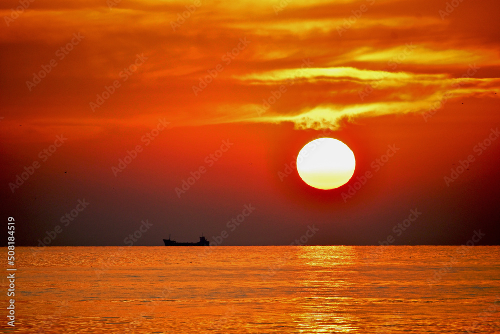 Evocative Colourful Sunset  Over The Sea Of Marmara Near Istanbul In Turkey With Boat