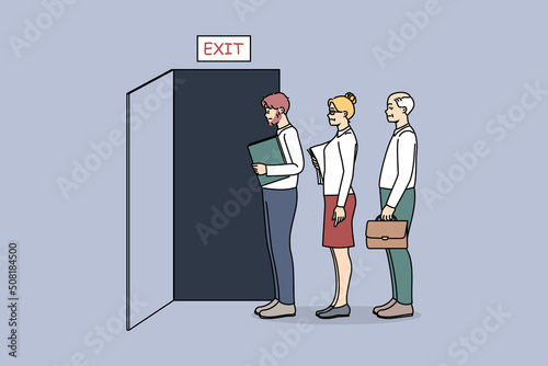 People standing in queue to exit made leaving jobs in office. Diverse employees in line to doors quitting workplace. Resignation and dismissal, workers firing. Vector illustration. 