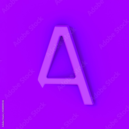 Letter A Is violet on violet background. Part of letter is immersed in background. Square image. 3D image. 3D rendering.